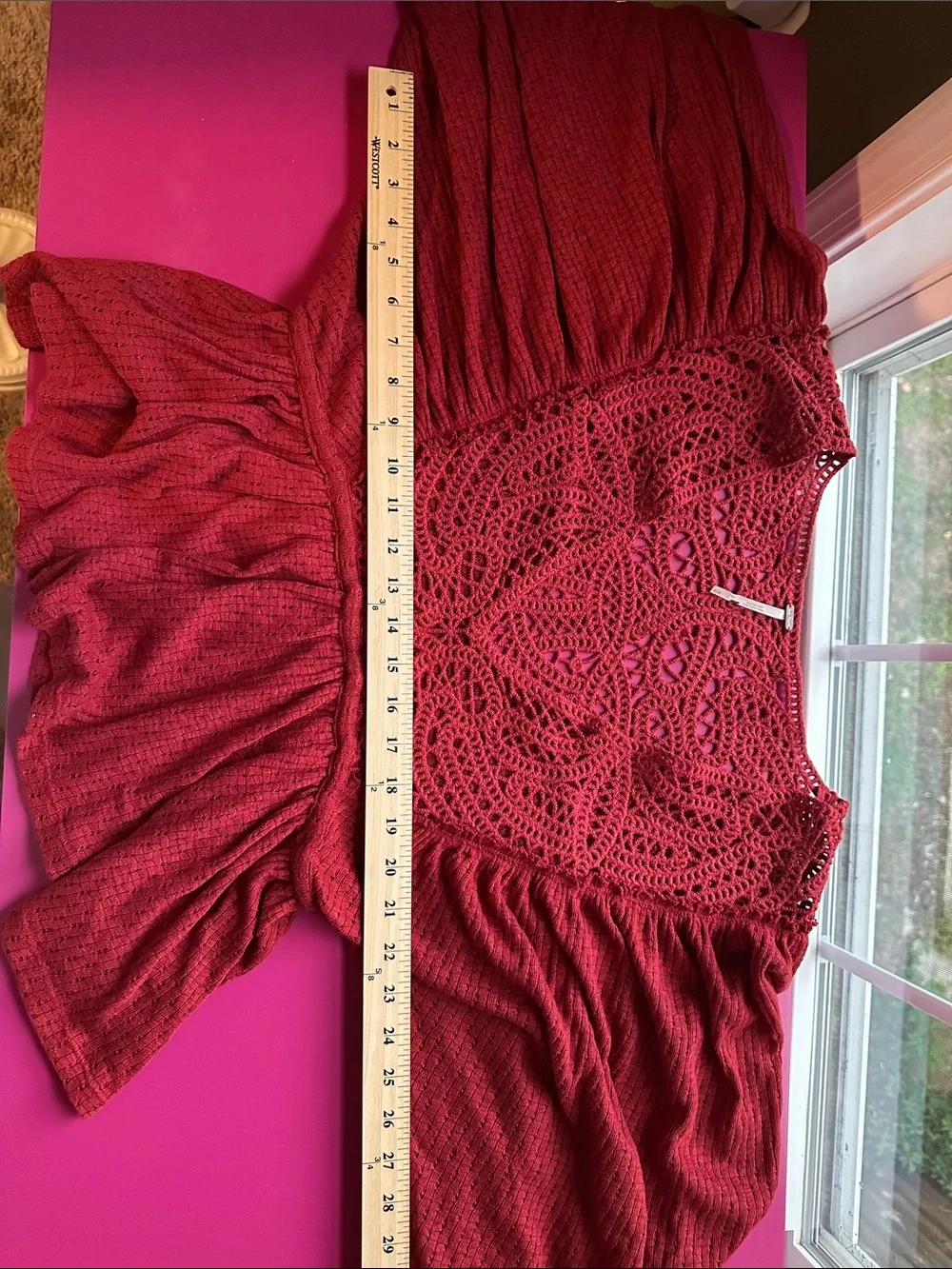 Free People Deep Red Crochet V-Neck Peplum Blouse